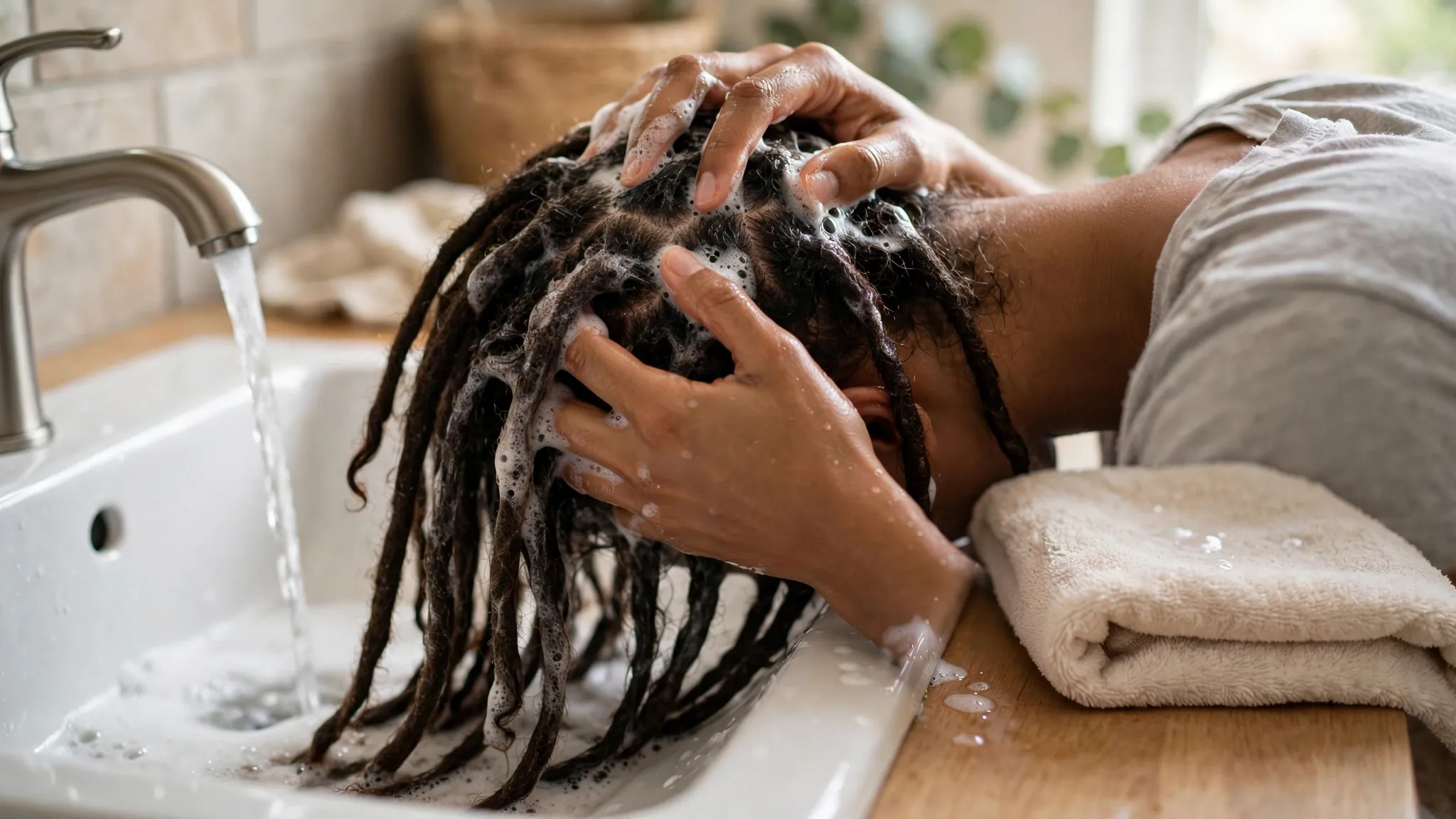 Washing dreadlocks with gentle lather