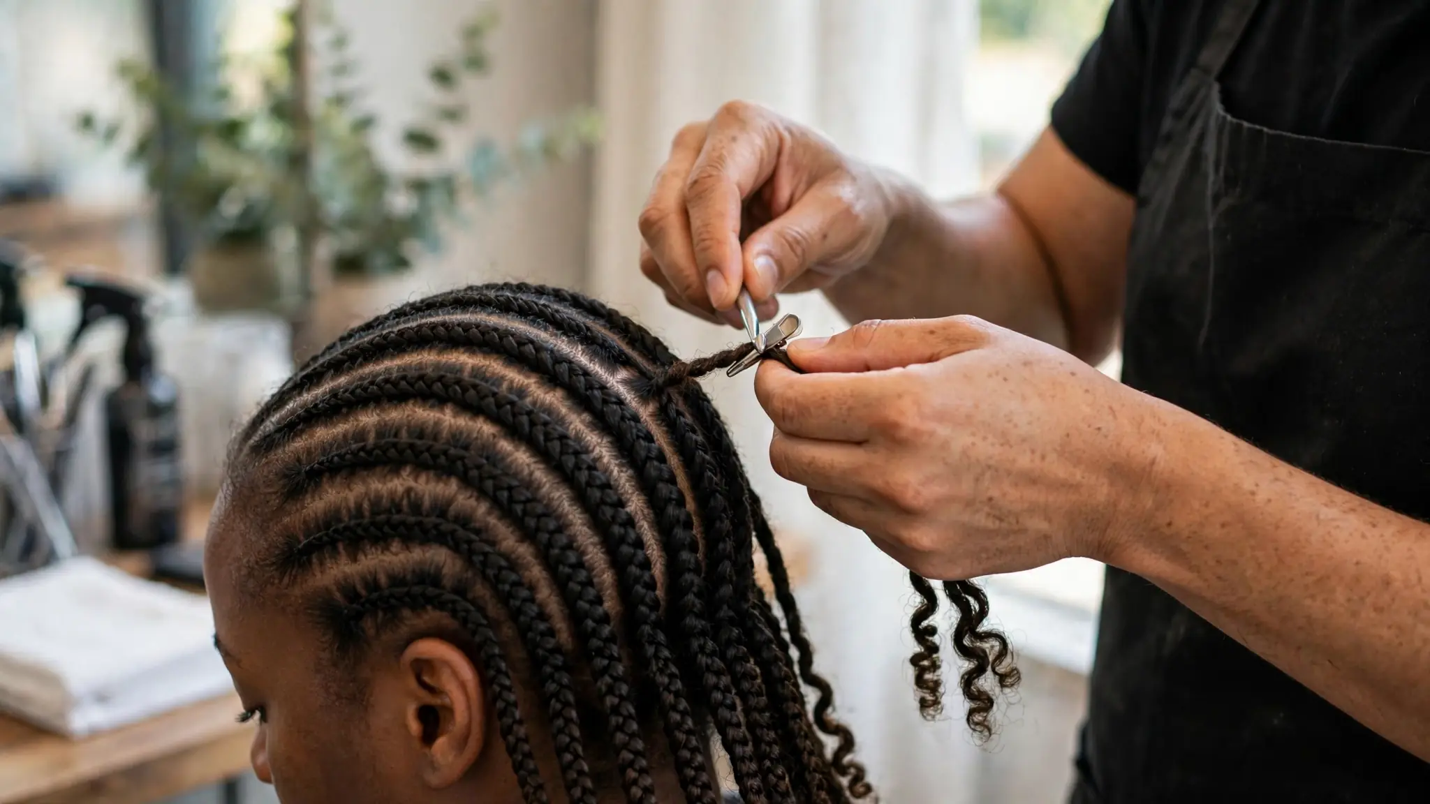 Stylist crocheting faux locs onto cornrows with a latch hook