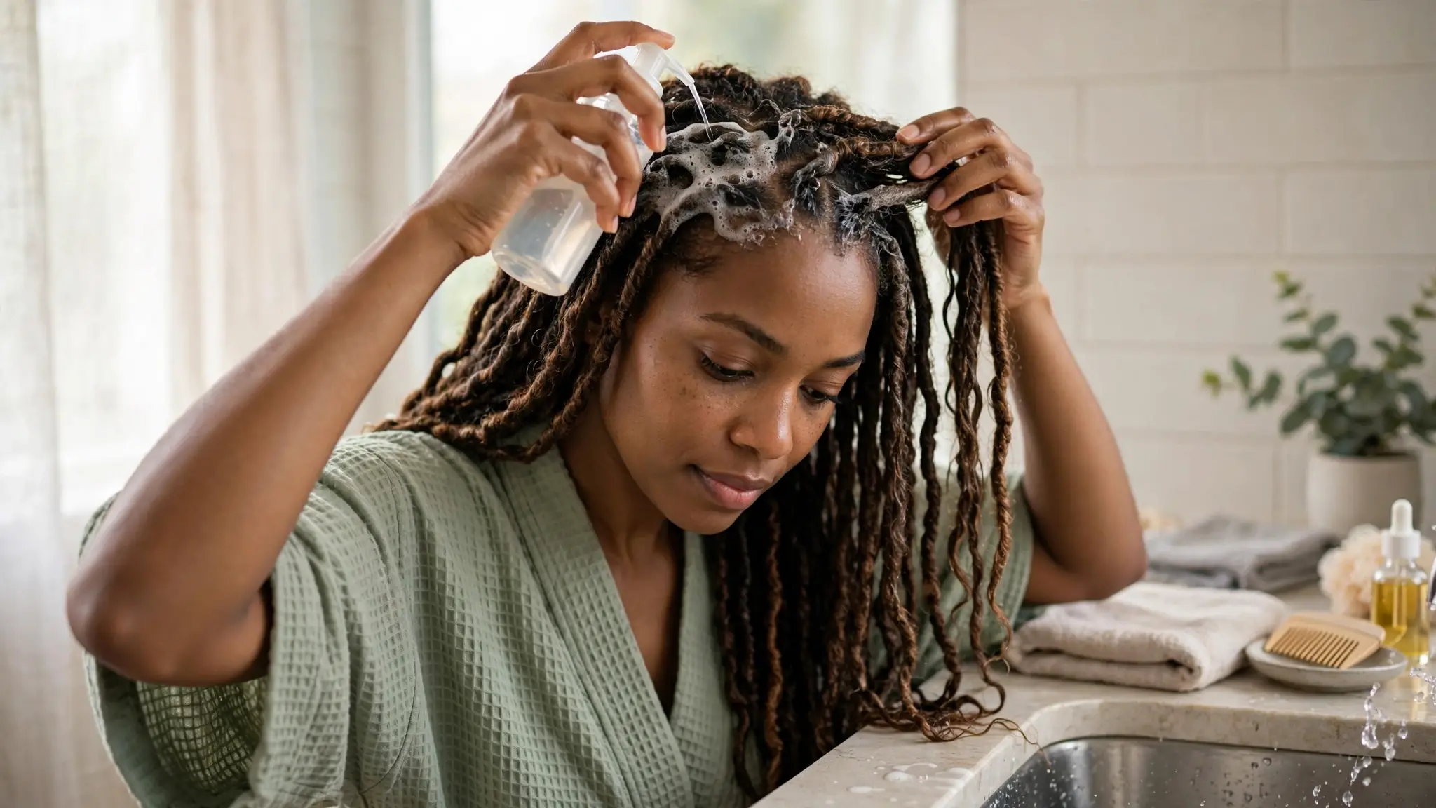 Gentle scalp washing for faux locs with diluted shampoo