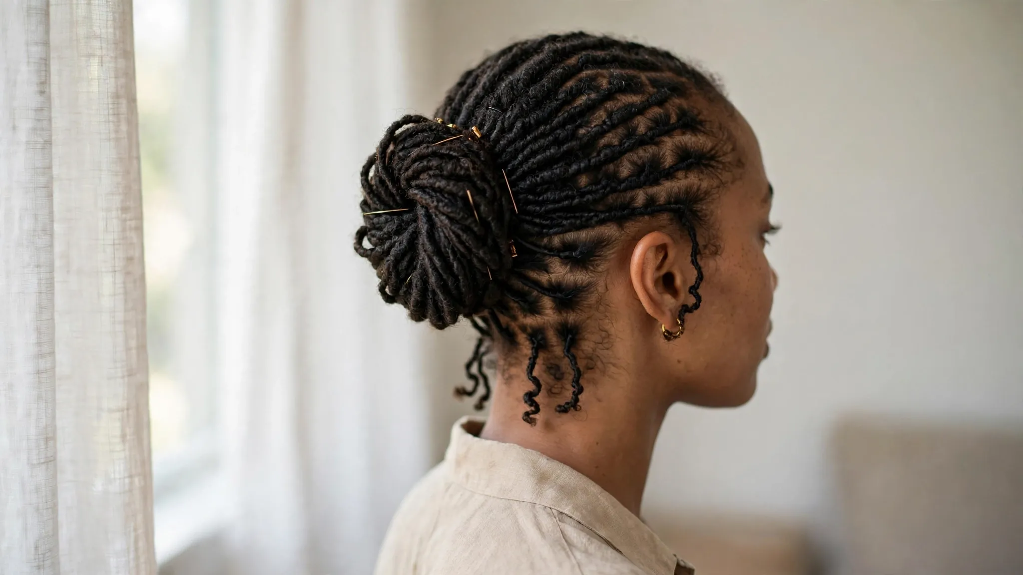 Micro locs worn in a neat updo