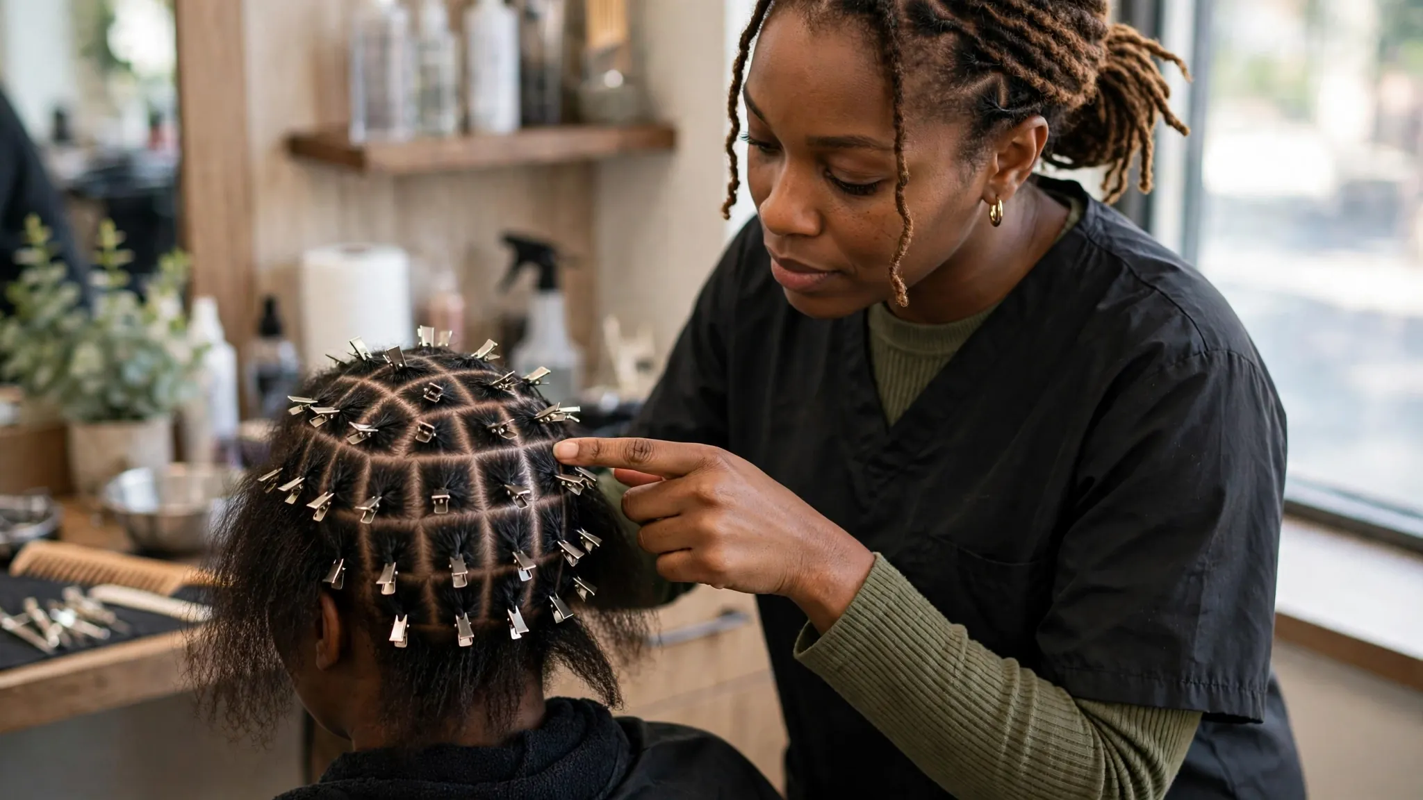 Loctician showing a neat grid parting in a salon