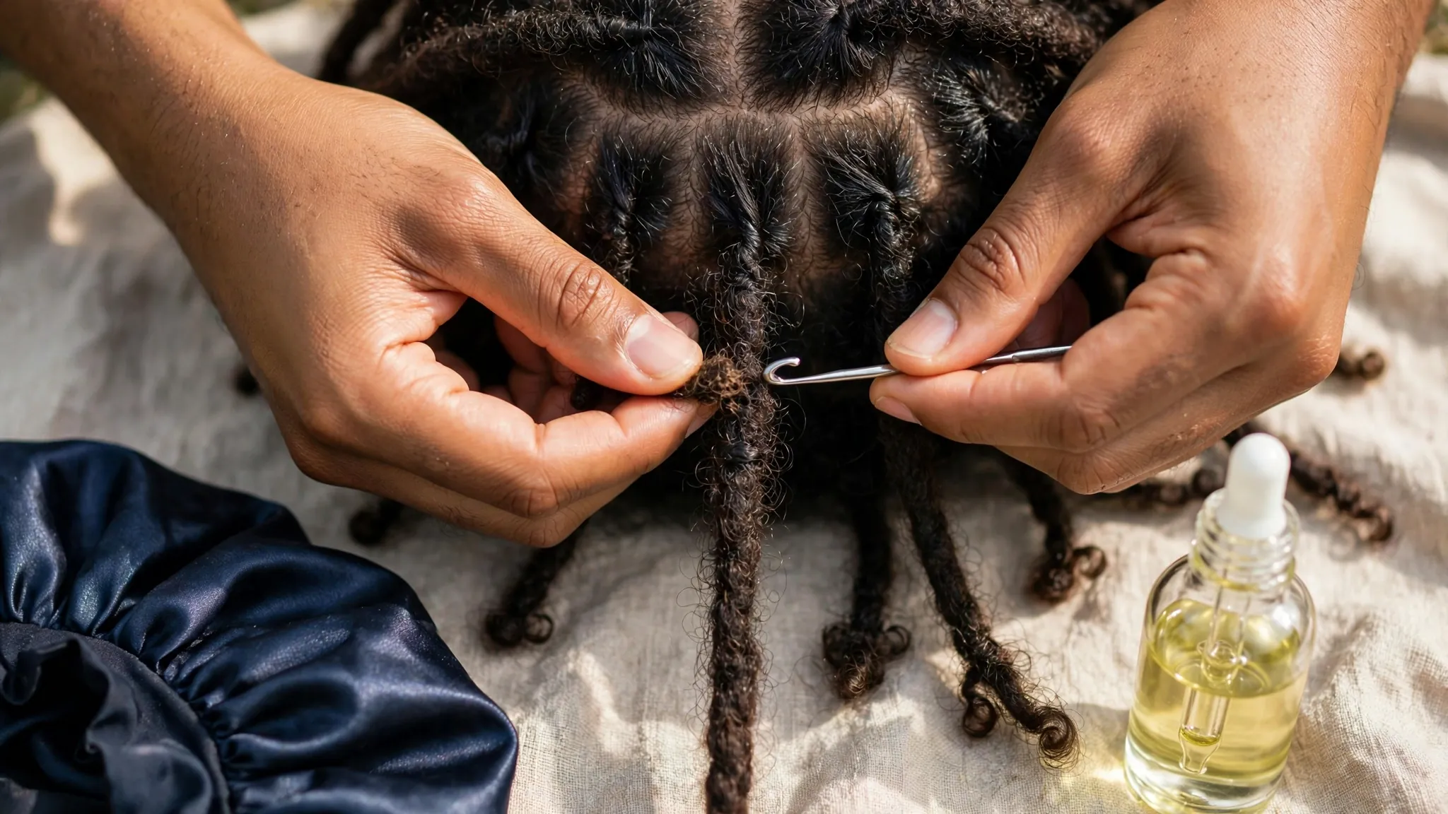 Hands retightening loc roots with a small tool